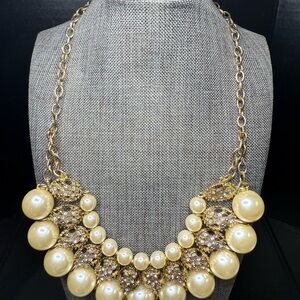 N50. Vintage Gold Tone and Faux Pear, Rhinestone Necklace